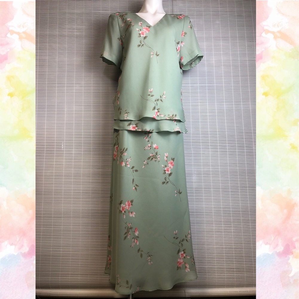 Floral Spring Green and Pink Skirt and Top Set